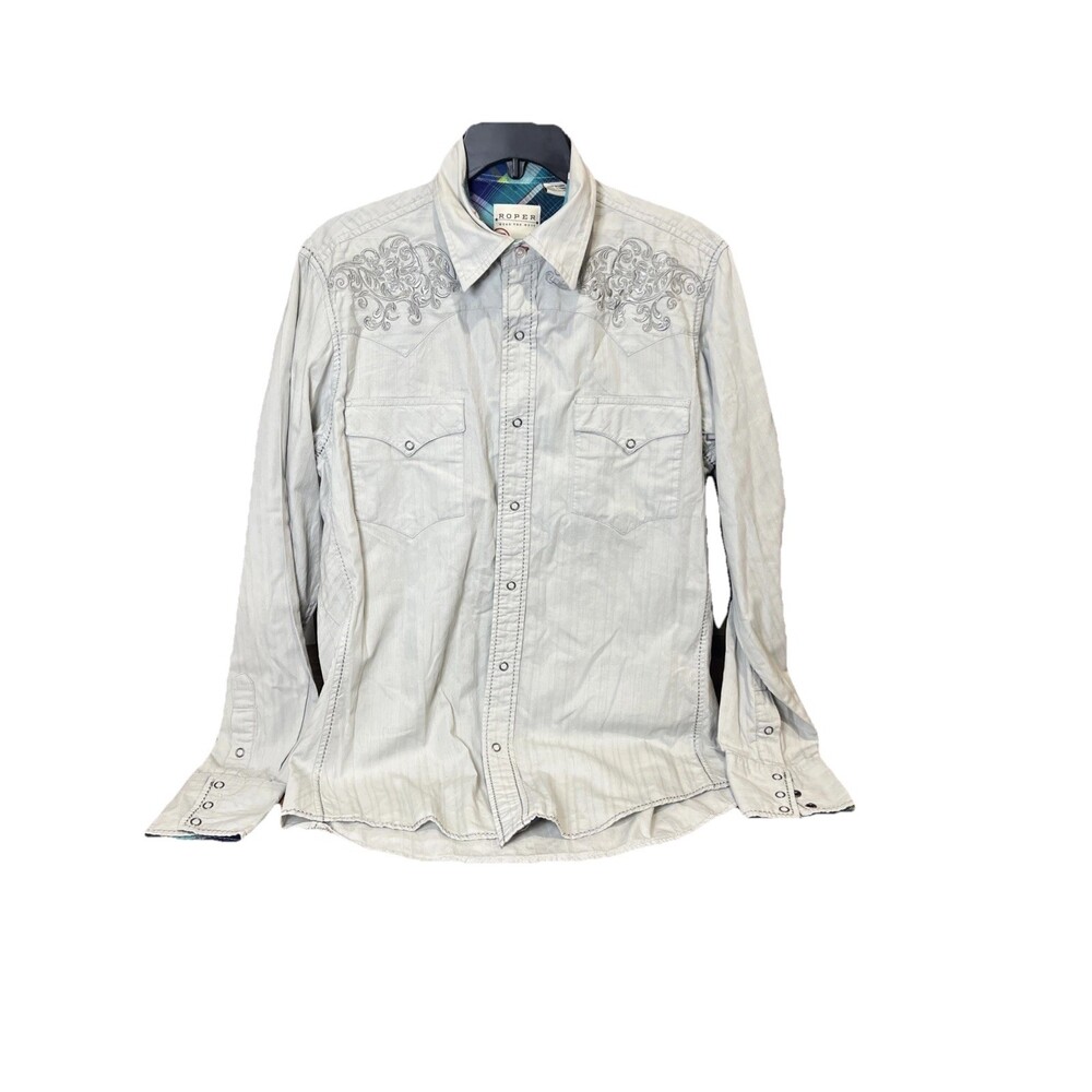 Roper Western Shirt Men’s Medium Light gray Embroidered business Casual Shirt